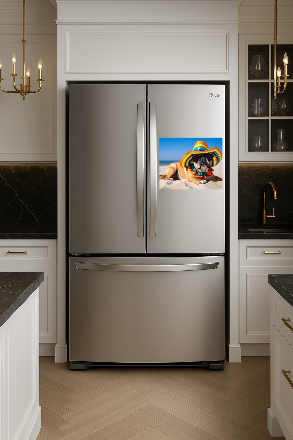Bulldog with Colorful Hat and Sunglasses on the Beach - Large 11x14" Magnetic Wall or Fridge Art | Damage-Free Home & Dorm Décor by UARTWORK