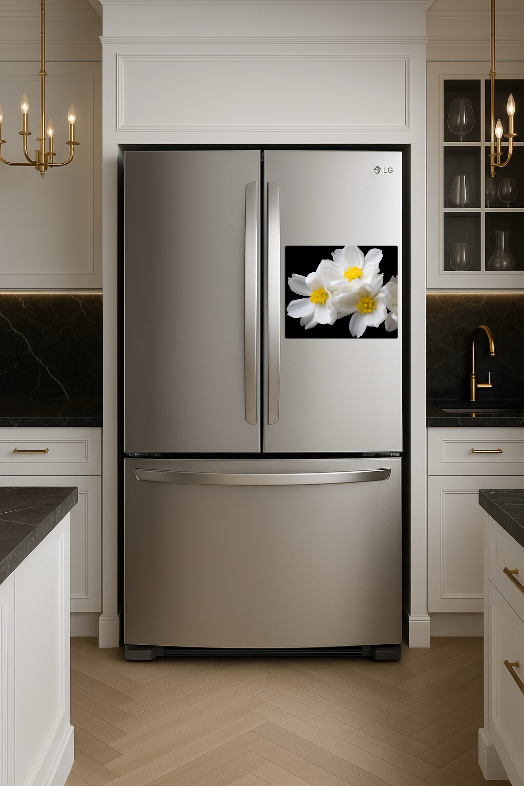 Cluster of White Flowers with Yellow Centers on Black Background - Large 11x14" Magnetic Wall or Fridge Art | Damage-Free Home & Dorm Décor by UARTWORK