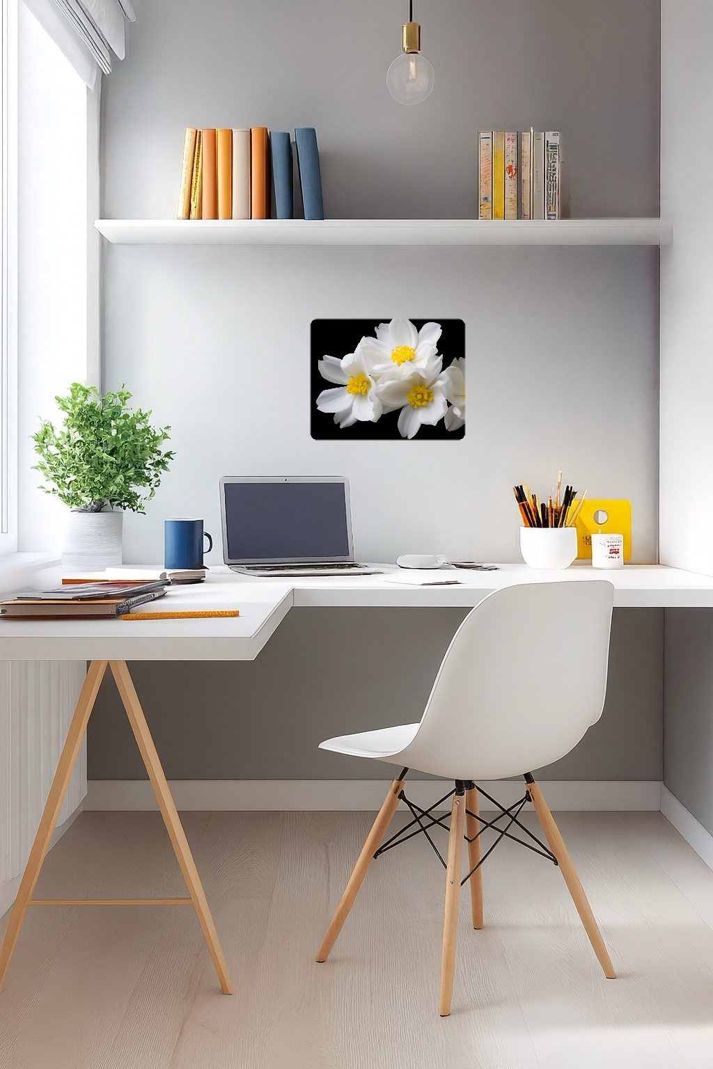 Cluster of White Flowers with Yellow Centers on Black Background - Large 11x14" Magnetic Wall or Fridge Art | Damage-Free Home & Dorm Décor by UARTWORK