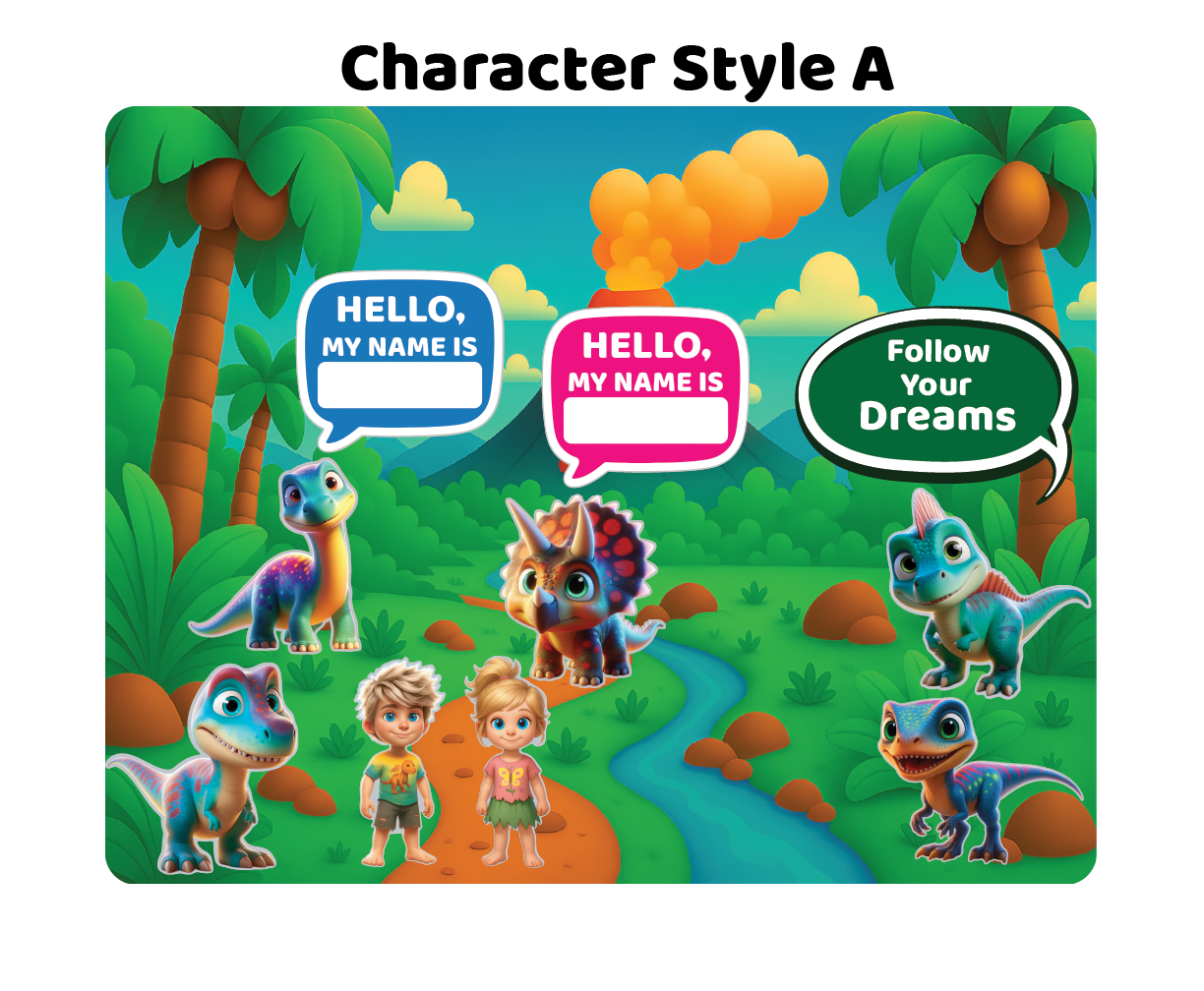 Colorful Magnetic Jurassic Playset setting with Magnetic cartoon object: Children's name tag, cartoon dinosaurs, and children