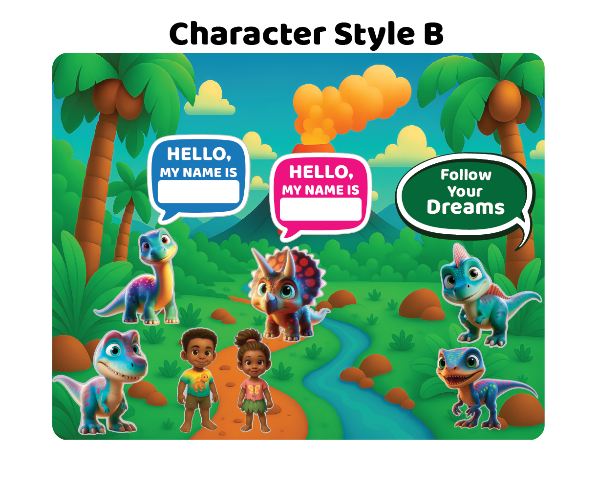 Colorful Magnetic Jurassic Playset setting with Magnetic cartoon object: Children's name tag, cartoon dinosaurs, and children