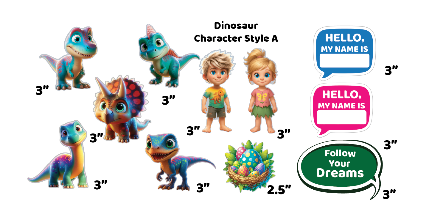 Colorful Magnetic Jurassic cartoon object: Children's name tag, cartoon dinosaurs, and children