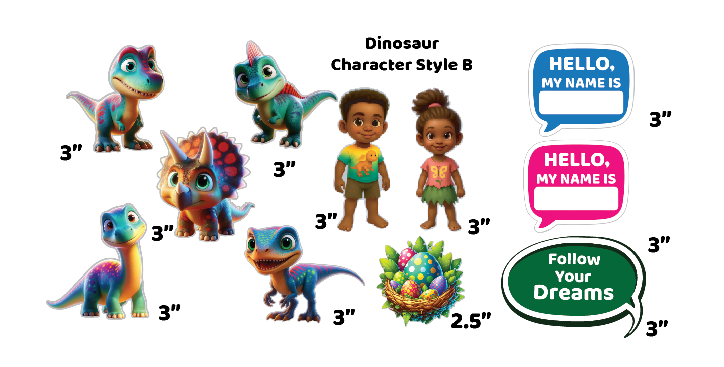 Colorful Magnetic Jurassic cartoon object: Children's name tag, cartoon dinosaurs, and children