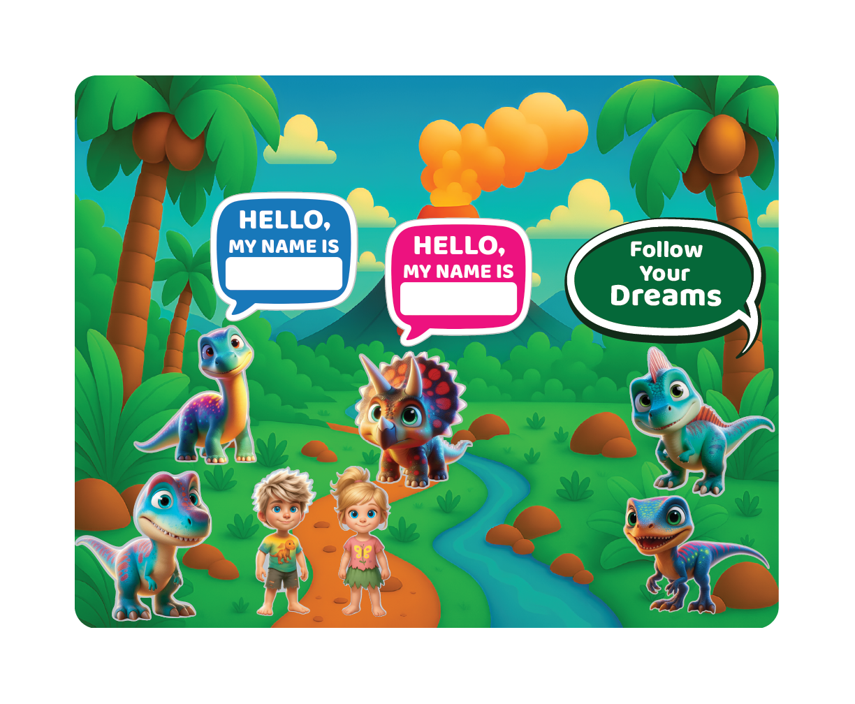 Colorful Magnetic Jurassic Playset setting with Magnetic cartoon object: Children's name tag, cartoon dinosaurs, and children