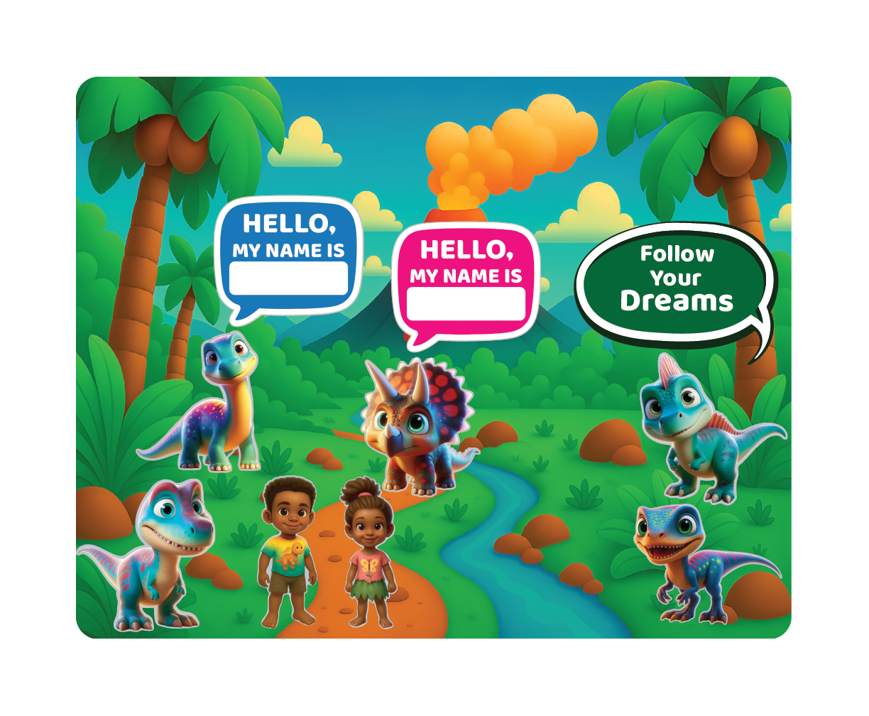 Colorful Magnetic Jurassic Playset setting with Magnetic cartoon object: Children's name tag, cartoon dinosaurs, and children