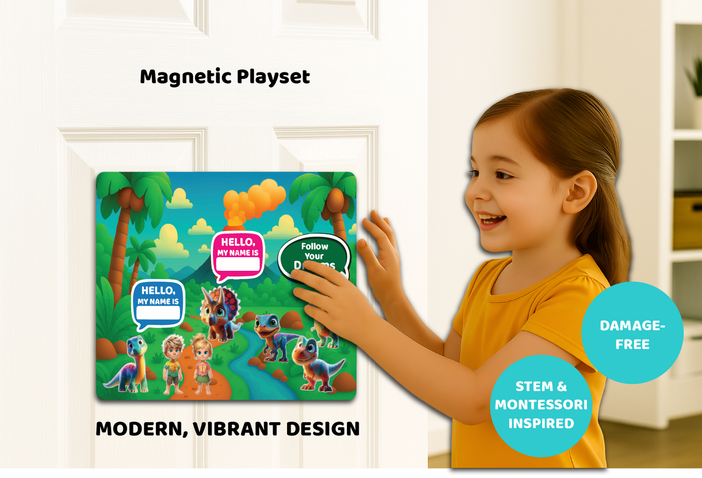 Child interacting with a magnetic playset featuring dinosaurs and Jurassic Period background.