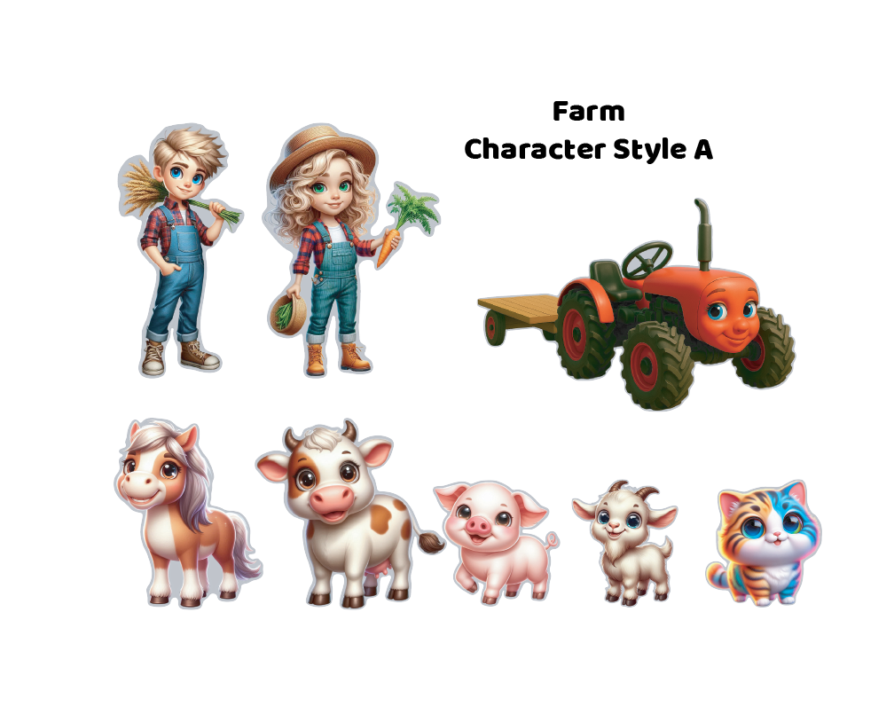 Colorful cartoon magnetic action figure characters. Features cute animals including a pig, cow, horse, rooster, duck, goat, bunny, puppy, and kitten, along with a friendly-faced red tractor and two child farmers in overalls.