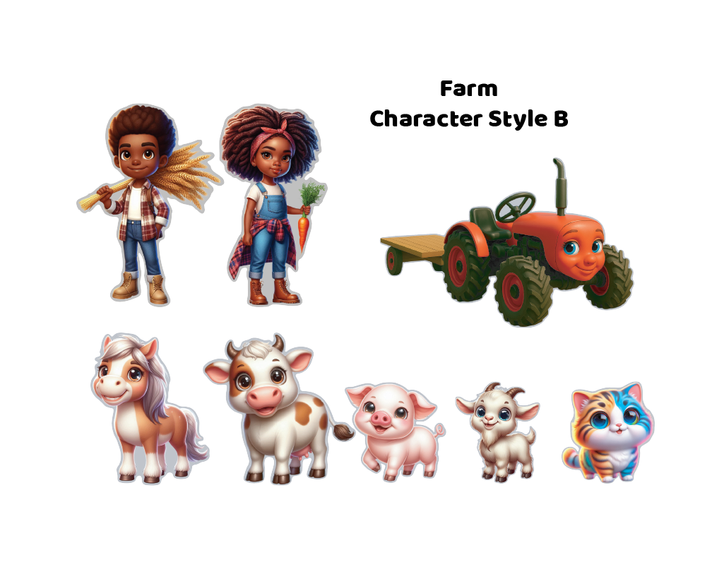 Colorful cartoon magnetic action figure characters. Features cute animals including a pig, cow, horse, rooster, duck, goat, bunny, puppy, and kitten, along with a friendly-faced red tractor and two child farmers in overalls.