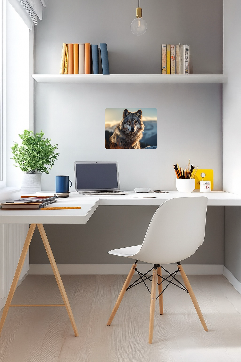 Gray Wolf Standing on Rocky Terrain with Mountains in the Background - Large 11x14" Magnetic Wall or Fridge Art | Damage-Free Home & Dorm Décor by UARTWORK