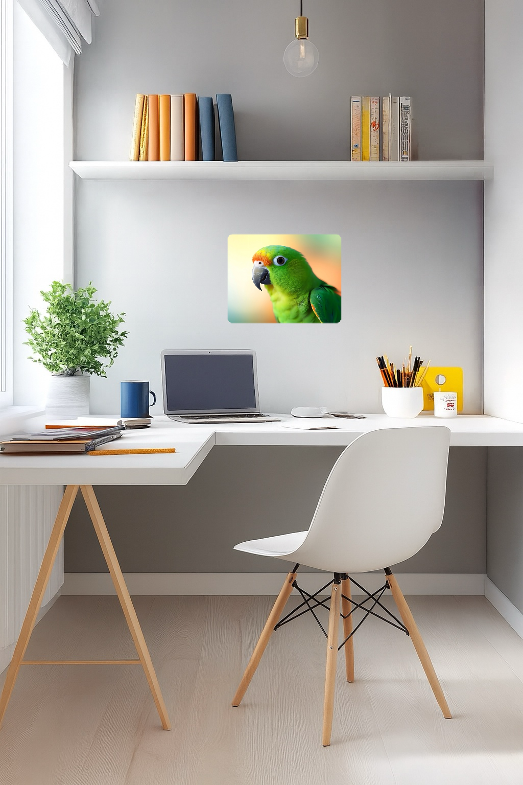 Green and Yellow Parrot on Abstract Colorful Background - Large 11x14" Magnetic Wall or Fridge Art | Damage-Free Home & Dorm Décor by UARTWORK