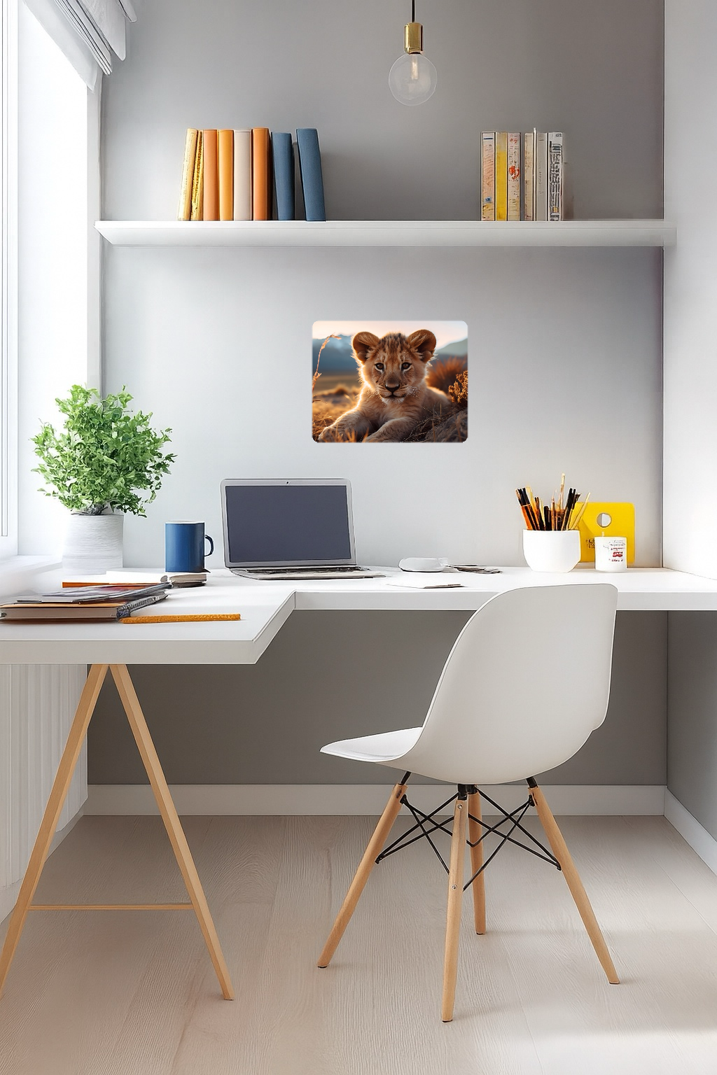 Lion Cub Lying in Grass with Mountains in Background - Large 11x14" Magnetic Wall or Fridge Art | Damage-Free Home & Dorm Décor by UARTWORK