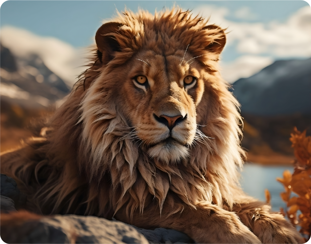 Lion overlooking body of water with mountains in the background - Large 11x14" Magnetic Wall or Fridge Art | Damage-Free Home & Dorm Décor by UARTWORK