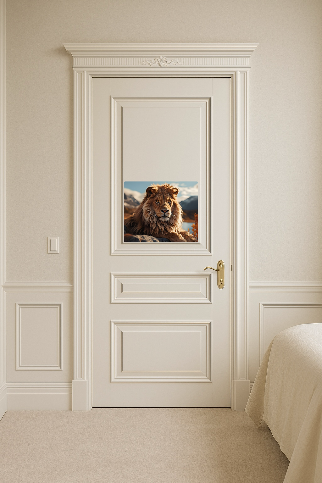 Lion overlooking body of water with mountains in the background - Large 11x14" Magnetic Wall or Fridge Art | Damage-Free Home & Dorm Décor by UARTWORK