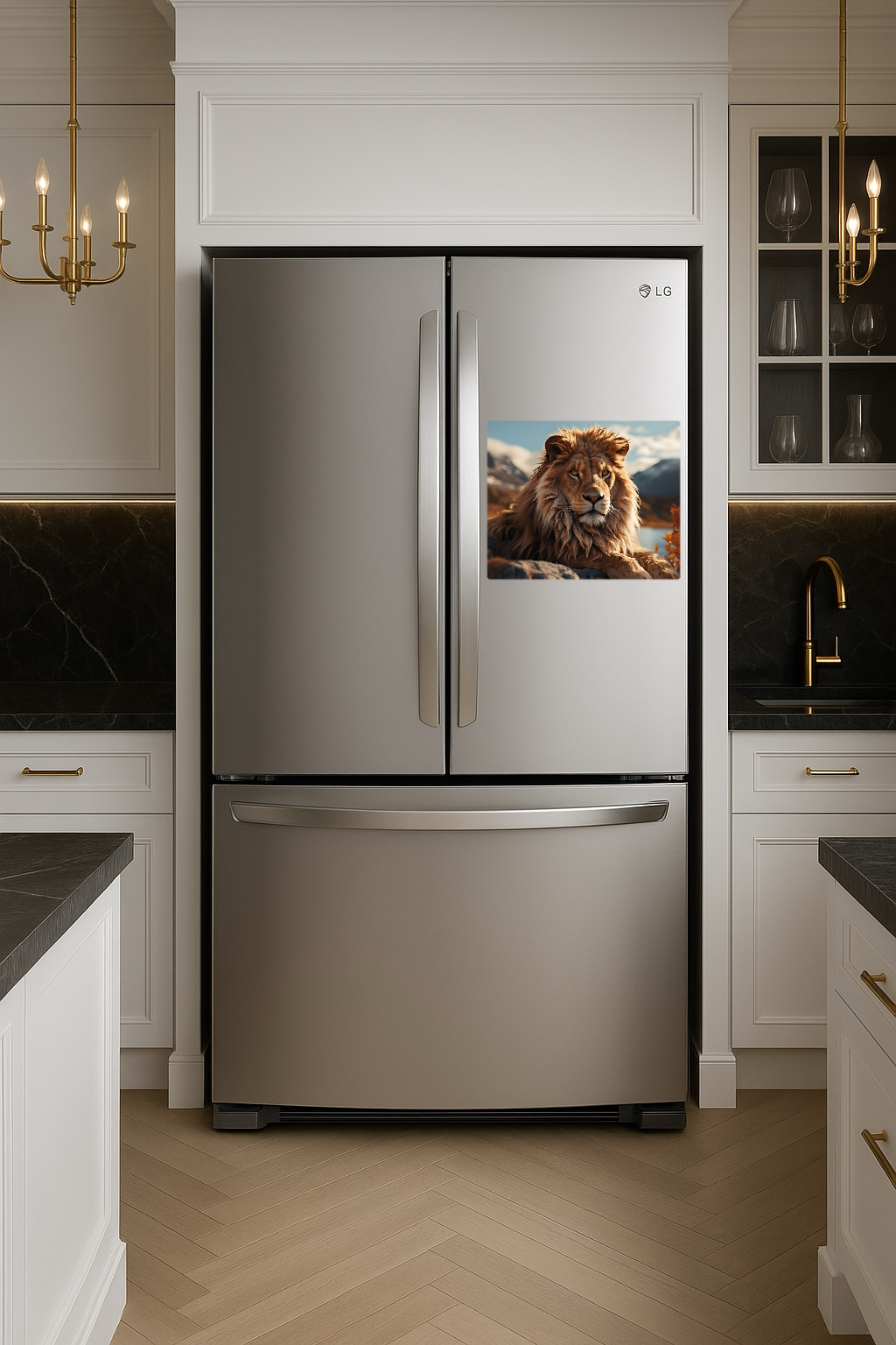 Lion overlooking body of water with mountains in the background - Large 11x14" Magnetic Wall or Fridge Art | Damage-Free Home & Dorm Décor by UARTWORK