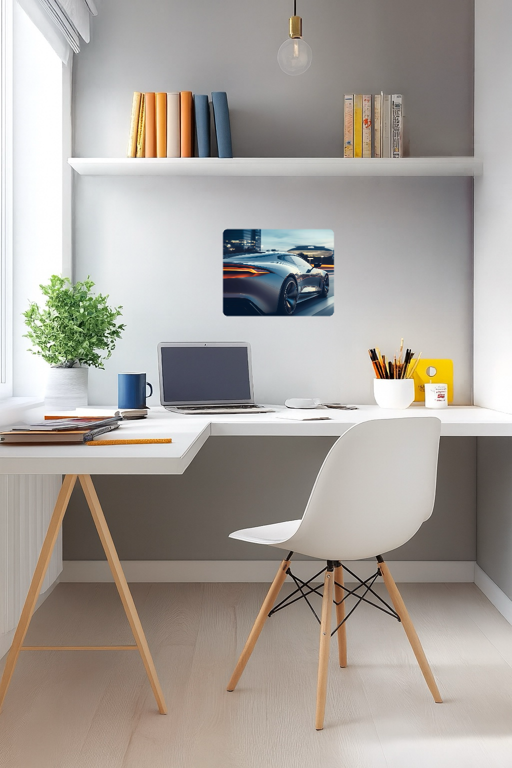 Sleek Silver Sports Car Driving Down the Street at Night - Large 11x14" Magnetic Wall or Fridge Art | Damage-Free Home & Dorm Décor by UARTWORK