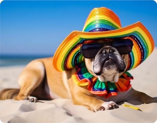 Bulldog with Colorful Hat and Sunglasses on the Beach - Large 11x14" Magnetic Wall or Fridge Art | Damage-Free Home & Dorm Décor by UARTWORK