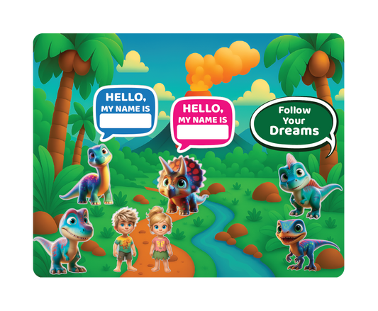Colorful Magnetic Jurassic Playset setting with Magnetic cartoon object: Children's name tag, cartoon dinosaurs, and children 