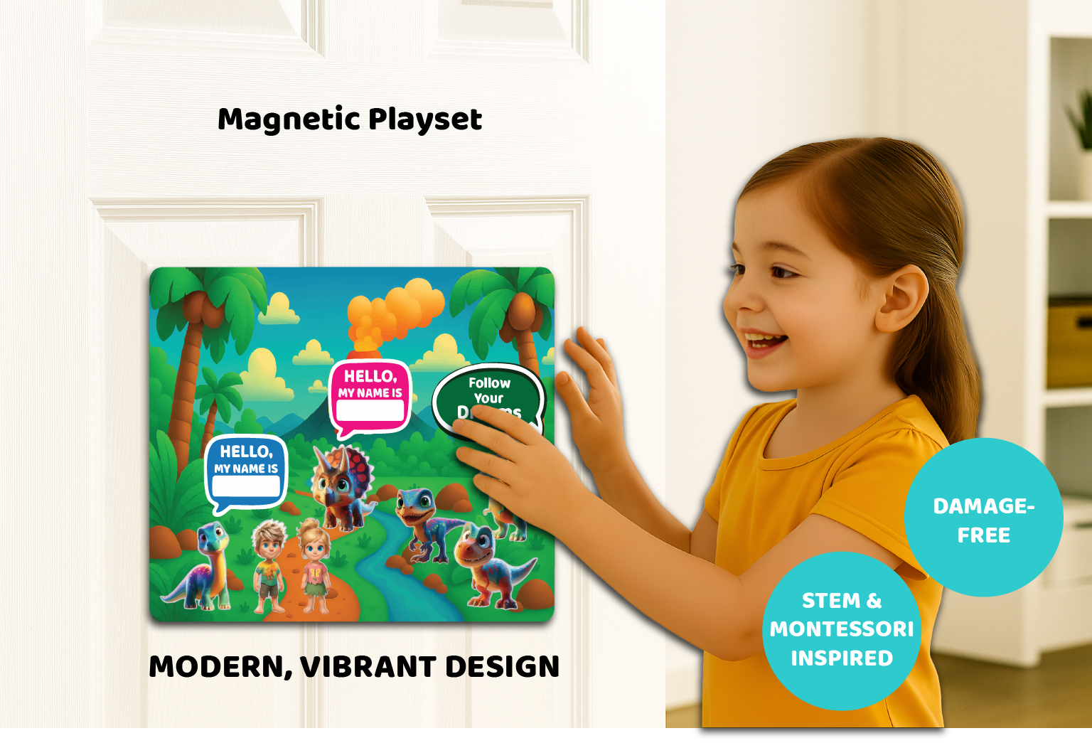 Child interacting with a magnetic playset featuring dinosaurs and Jurassic Period background.