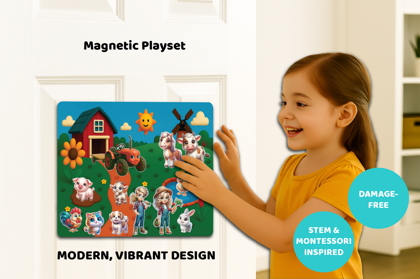 Child playing with a magnetic playset featuring farm animals and structures.