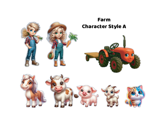 Colorful cartoon magnetic action figure characters. Features cute animals including a pig, cow, horse, rooster, duck, goat, bunny, puppy, and kitten, along with a friendly-faced red tractor and two child farmers in overalls.