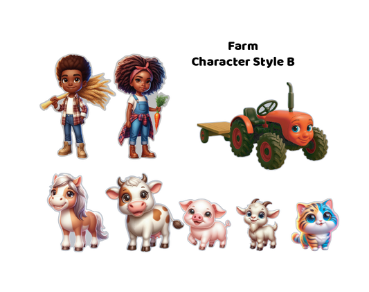 Colorful cartoon magnetic action figure characters. Features cute animals including a pig, cow, horse, rooster, duck, goat, bunny, puppy, and kitten, along with a friendly-faced red tractor and two child farmers in overalls.