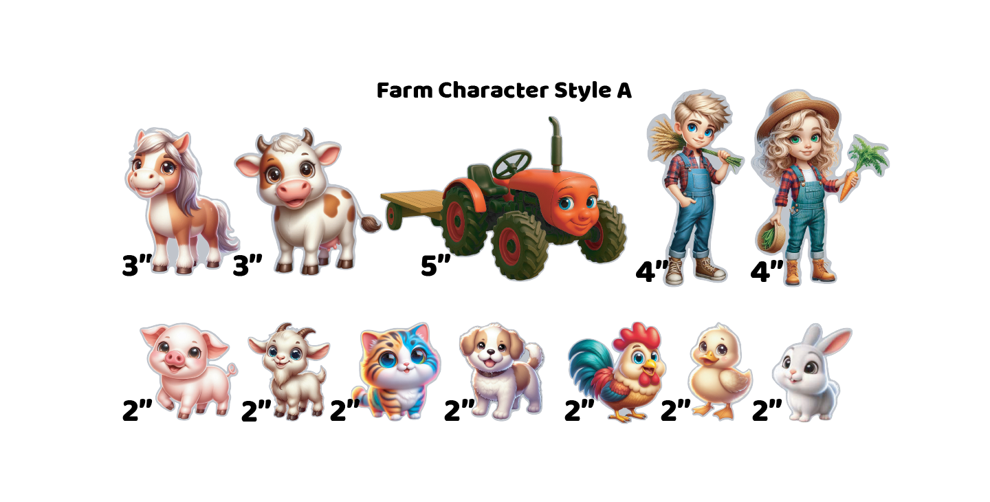 Colorful cartoon magnetic action figure characters. Features cute animals including a pig, cow, horse, rooster, duck, goat, bunny, puppy, and kitten, along with a friendly-faced red tractor and two child farmers in overalls.