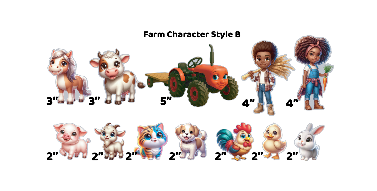 Colorful cartoon magnetic action figure characters. Features cute animals including a pig, cow, horse, rooster, duck, goat, bunny, puppy, and kitten, along with a friendly-faced red tractor and two child farmers in overalls.