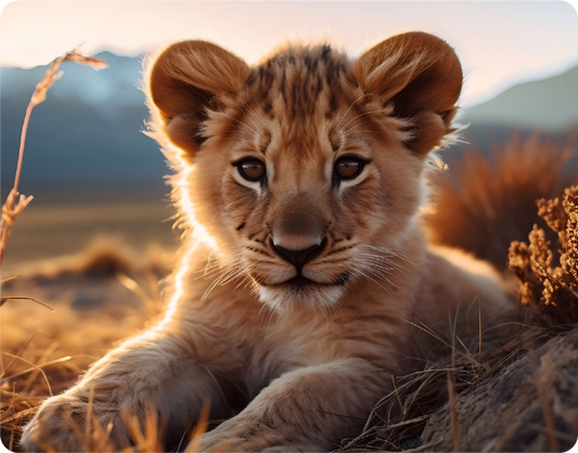 Lion Cub Lying in Grass with Mountains in Background - Large 11x14" Magnetic Wall or Fridge Art | Damage-Free Home & Dorm Décor by UARTWORK