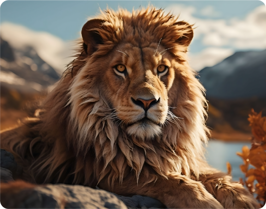 Lion overlooking body of water with mountains in the background - Large 11x14" Magnetic Wall or Fridge Art | Damage-Free Home & Dorm Décor by UARTWORK