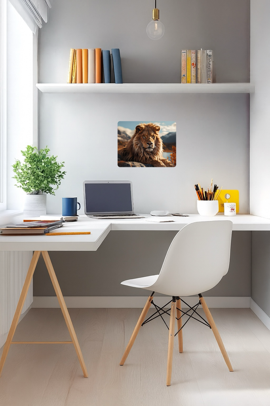 Lion overlooking body of water with mountains in the background - Large 11x14" Magnetic Wall or Fridge Art | Damage-Free Home & Dorm Décor by UARTWORK
